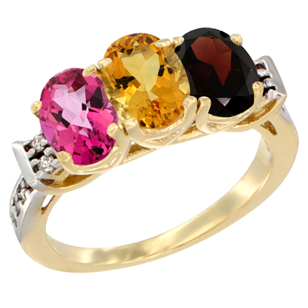 10K Yellow Gold Natural Pink Topaz, Citrine & Garnet Ring 3-Stone Oval 7x5 mm Diamond Accent, sizes 5 - 10