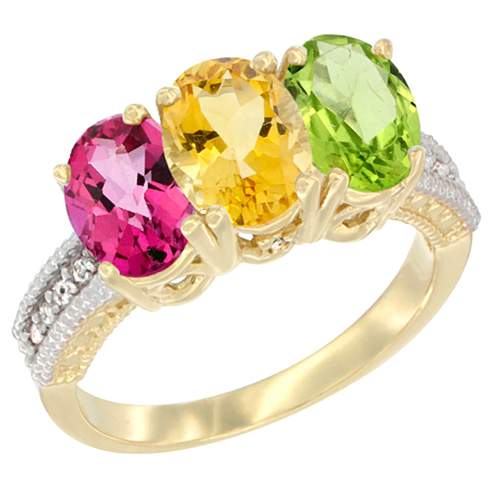 14K Yellow Gold Natural Pink Topaz, Citrine & Peridot Ring 3-Stone 7x5 mm Oval Diamond Accent, sizes 5 - 10