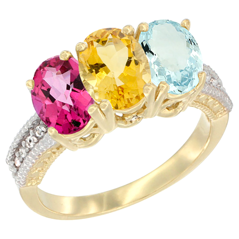 14K Yellow Gold Natural Pink Topaz, Citrine &amp; Aquamarine Ring 3-Stone 7x5 mm Oval Diamond Accent, sizes 5 - 10
