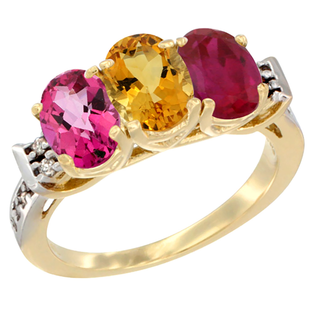 14K Yellow Gold Natural Pink Topaz, Citrine & Enhanced Ruby Ring 3-Stone 7x5 mm Oval Diamond Accent, sizes 5 - 10