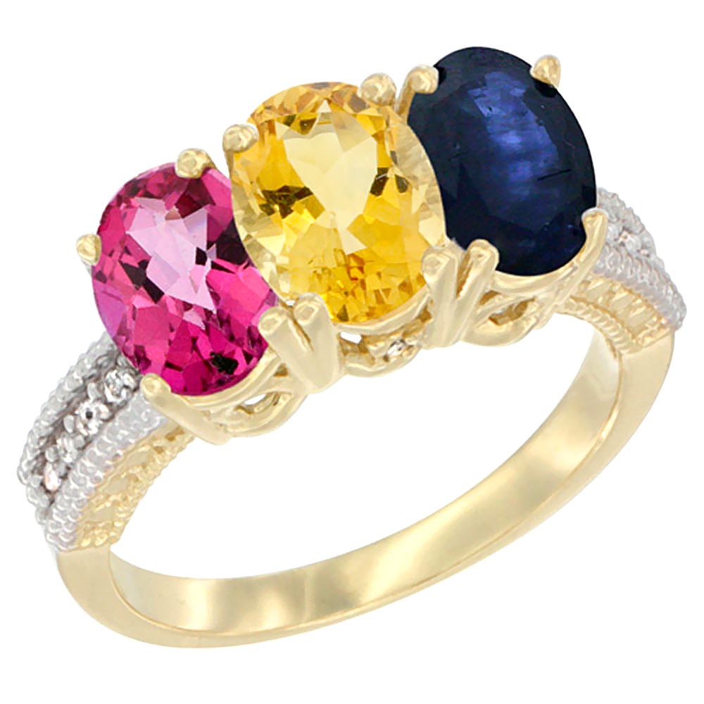 14K Yellow Gold Natural Pink Topaz, Citrine & Blue Sapphire Ring 3-Stone 7x5 mm Oval Diamond Accent, sizes 5 - 10