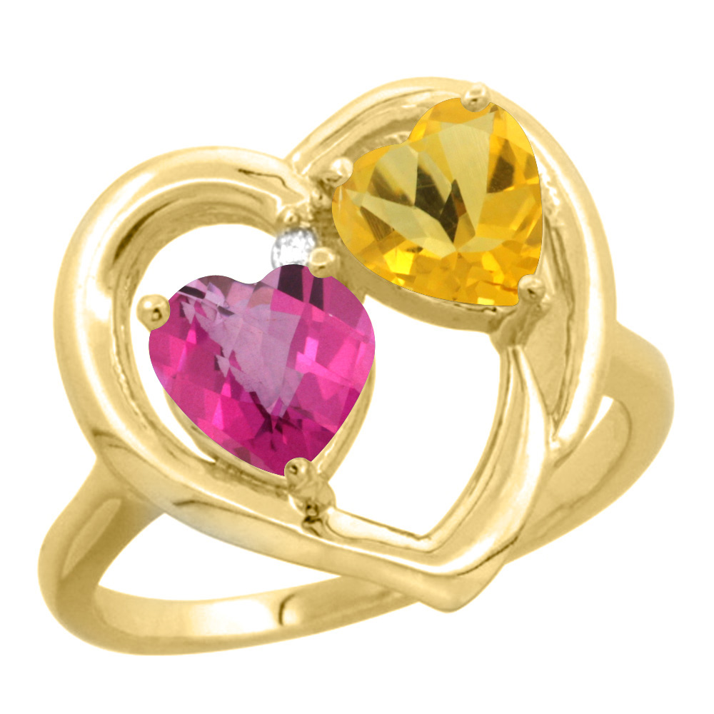 10K Yellow Gold Diamond Two-stone Heart Ring 6 mm Natural Pink Topaz & Citrine, sizes 5-10