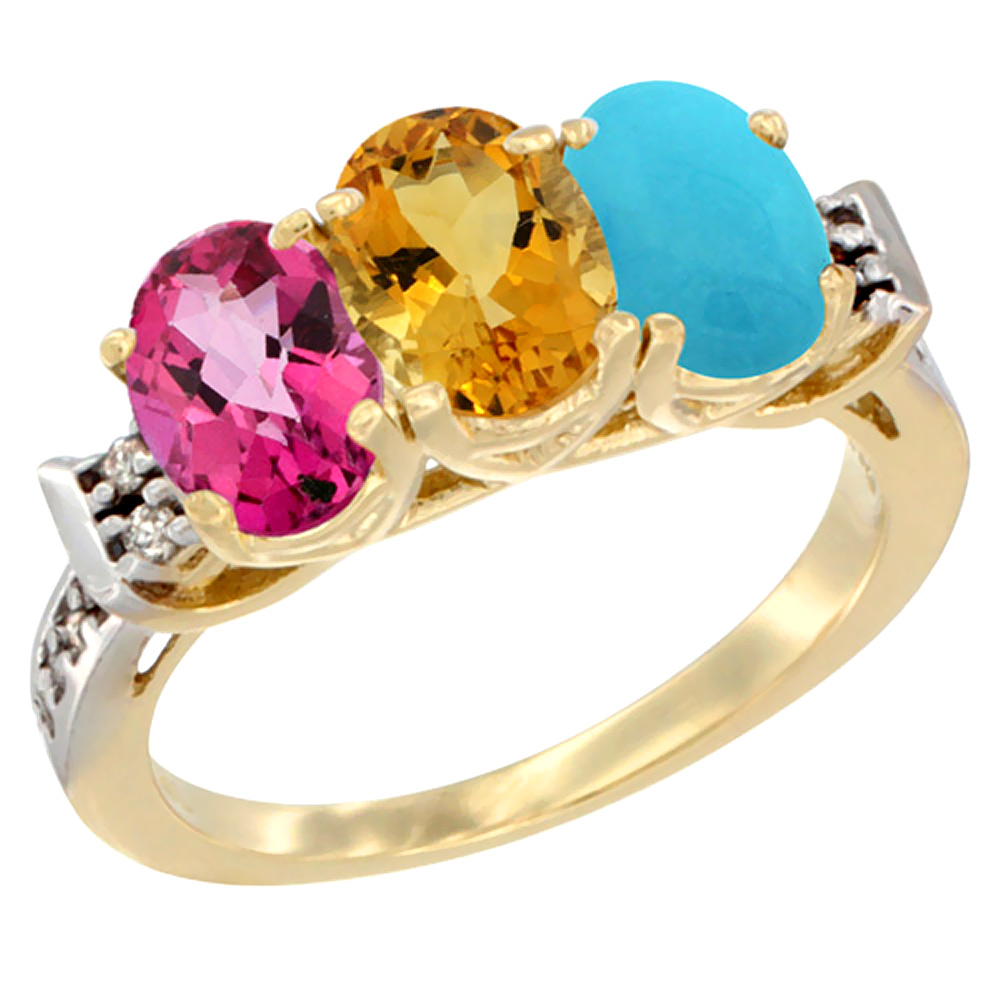 14K Yellow Gold Natural Pink Topaz, Citrine & Turquoise Ring 3-Stone 7x5 mm Oval Diamond Accent, sizes 5 - 10