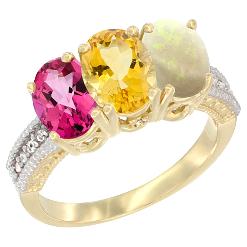 14K Yellow Gold Natural Pink Topaz, Citrine & Opal Ring 3-Stone 7x5 mm Oval Diamond Accent, sizes 5 - 10