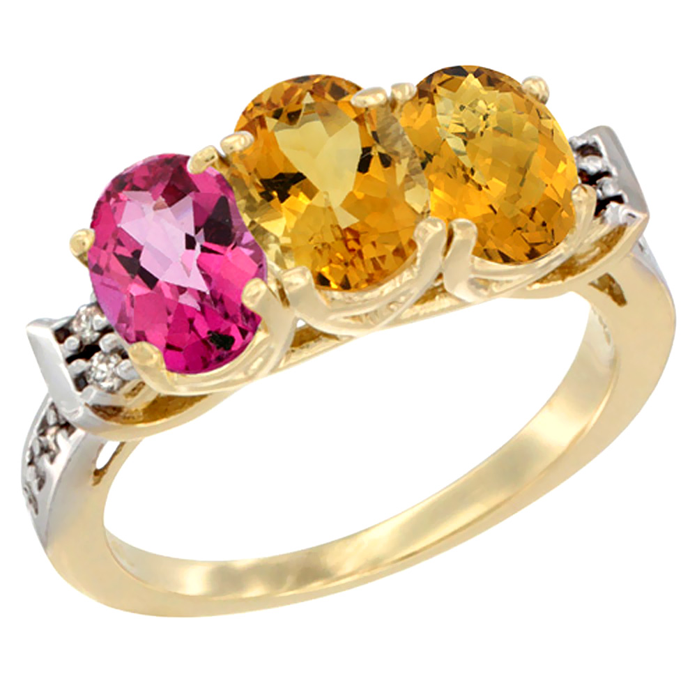 10K Yellow Gold Natural Pink Topaz, Citrine & Whisky Quartz Ring 3-Stone Oval 7x5 mm Diamond Accent, sizes 5 - 10