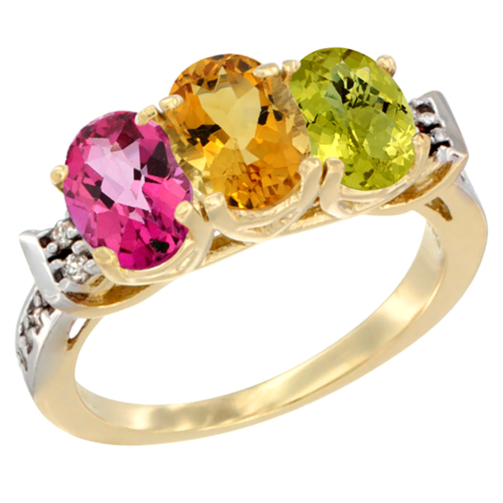 10K Yellow Gold Natural Pink Topaz, Citrine & Lemon Quartz Ring 3-Stone Oval 7x5 mm Diamond Accent, sizes 5 - 10