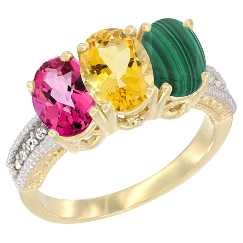 10K Yellow Gold Diamond Natural Pink Topaz, Citrine &amp; Malachite Ring 3-Stone Oval 7x5 mm, sizes 5 - 10