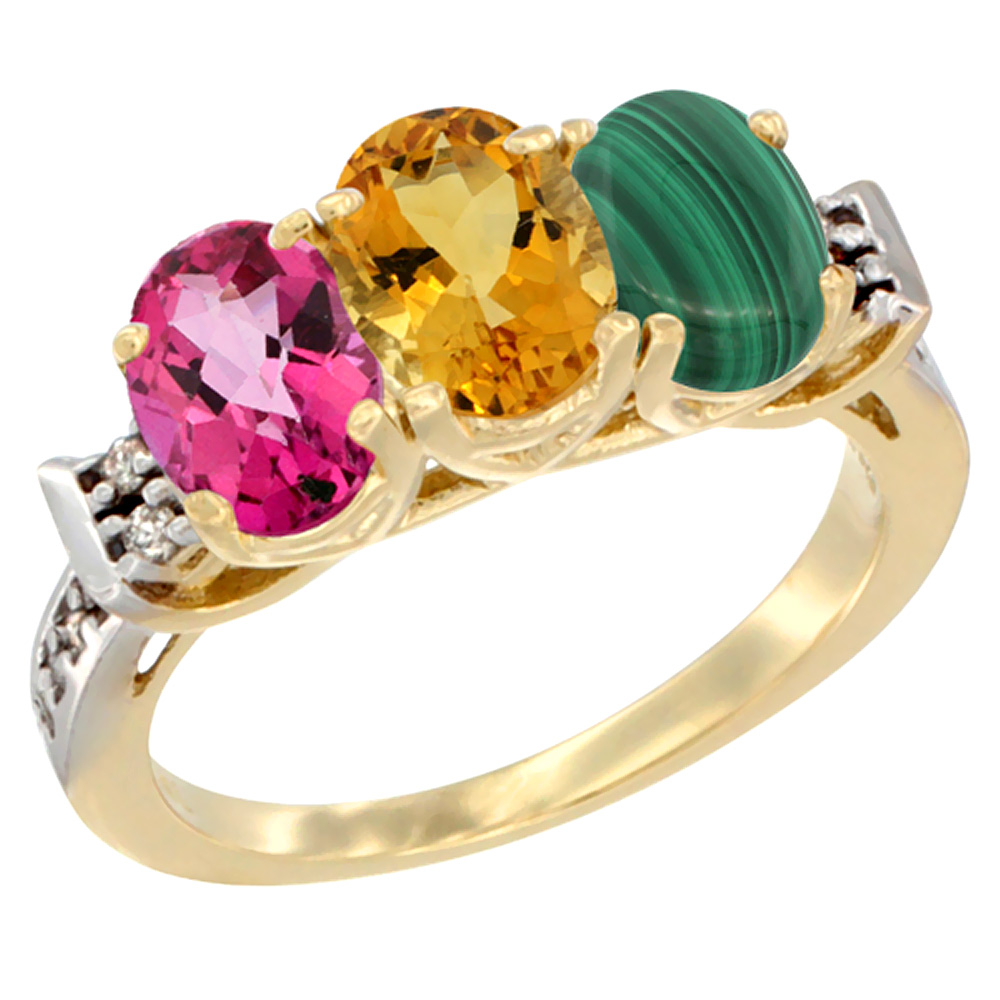 10K Yellow Gold Natural Pink Topaz, Citrine & Malachite Ring 3-Stone Oval 7x5 mm Diamond Accent, sizes 5 - 10