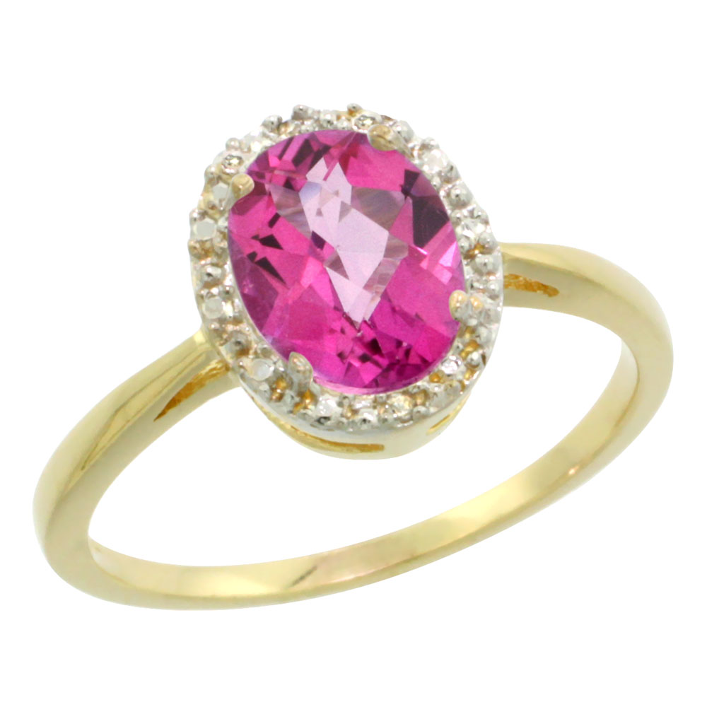 14K Yellow Gold Natural Pink Topaz Diamond Halo Ring Oval 8X6mm, sizes 5-10
