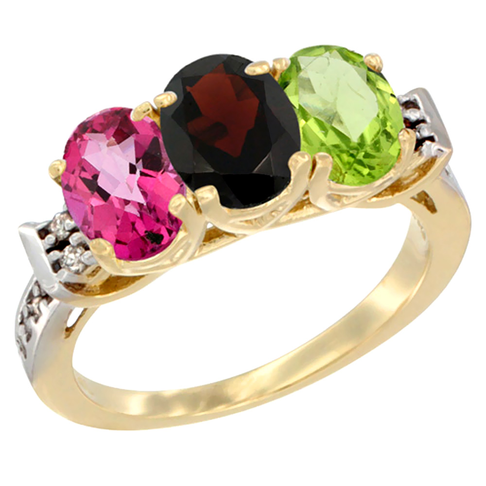 14K Yellow Gold Natural Pink Topaz, Garnet & Peridot Ring 3-Stone 7x5 mm Oval Diamond Accent, sizes 5 - 10