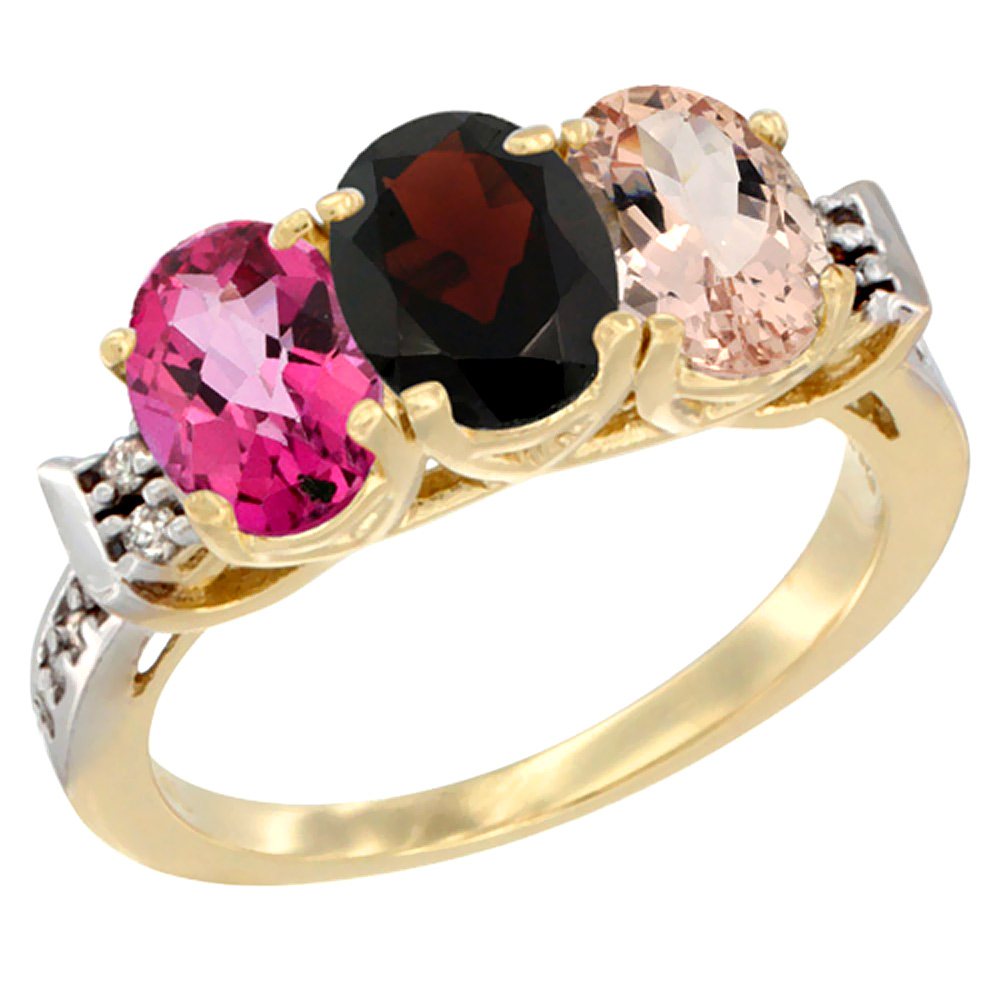 10K Yellow Gold Natural Pink Topaz, Garnet &amp; Morganite Ring 3-Stone Oval 7x5 mm Diamond Accent, sizes 5 - 10