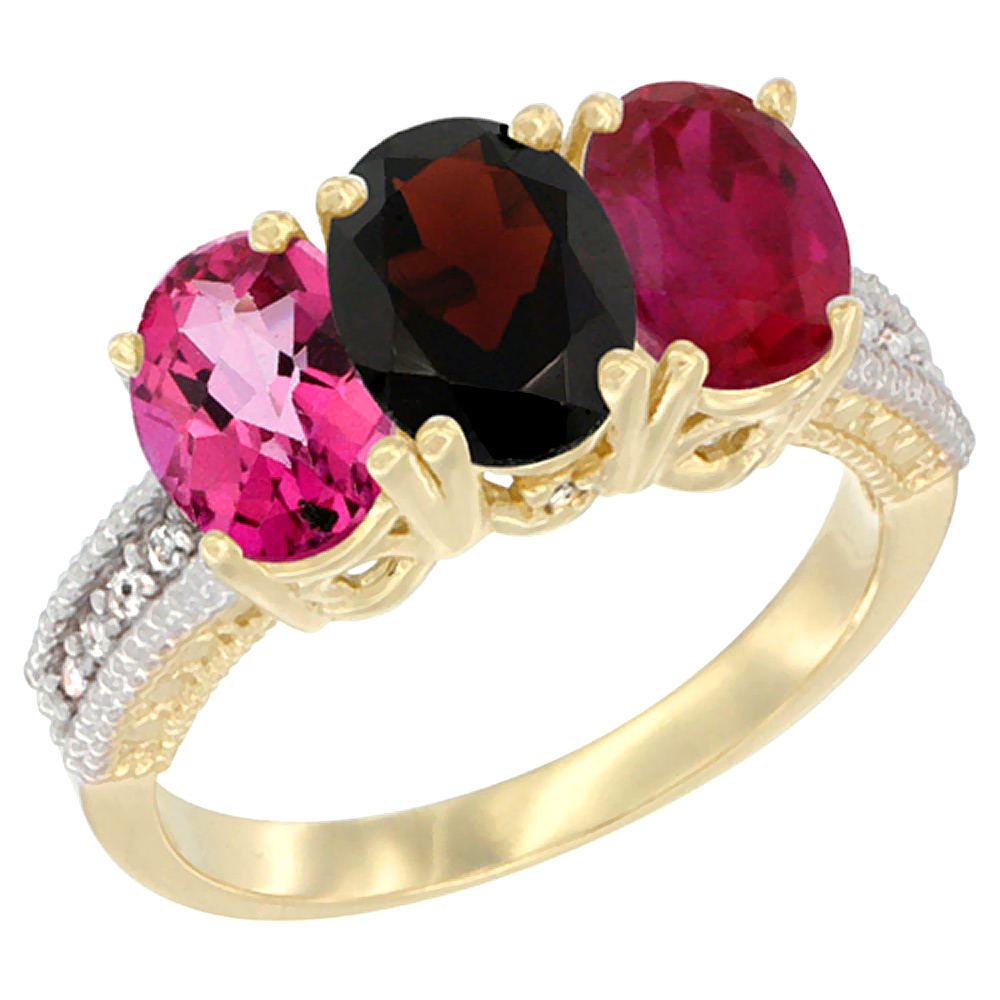 14K Yellow Gold Natural Pink Topaz, Garnet & Enhanced Ruby Ring 3-Stone 7x5 mm Oval Diamond Accent, sizes 5 - 10