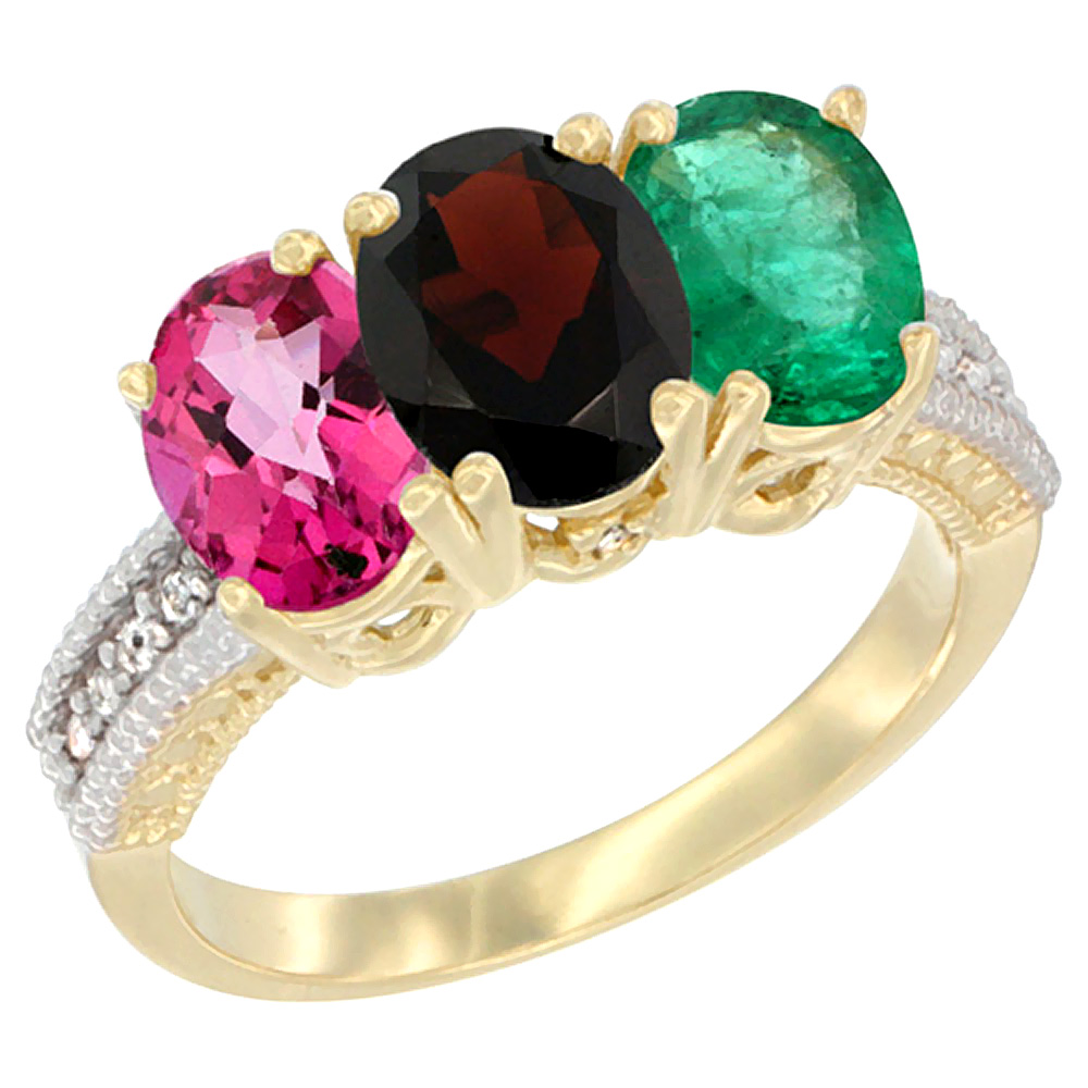 14K Yellow Gold Natural Pink Topaz, Garnet &amp; Emerald Ring 3-Stone 7x5 mm Oval Diamond Accent, sizes 5 - 10