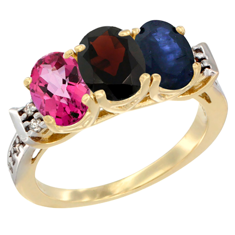 14K Yellow Gold Natural Pink Topaz, Garnet & Blue Sapphire Ring 3-Stone 7x5 mm Oval Diamond Accent, sizes 5 - 10