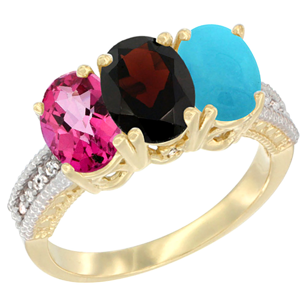 14K Yellow Gold Natural Pink Topaz, Garnet & Turquoise Ring 3-Stone 7x5 mm Oval Diamond Accent, sizes 5 - 10