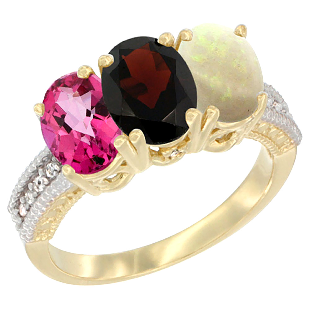 14K Yellow Gold Natural Pink Topaz, Garnet & Opal Ring 3-Stone 7x5 mm Oval Diamond Accent, sizes 5 - 10