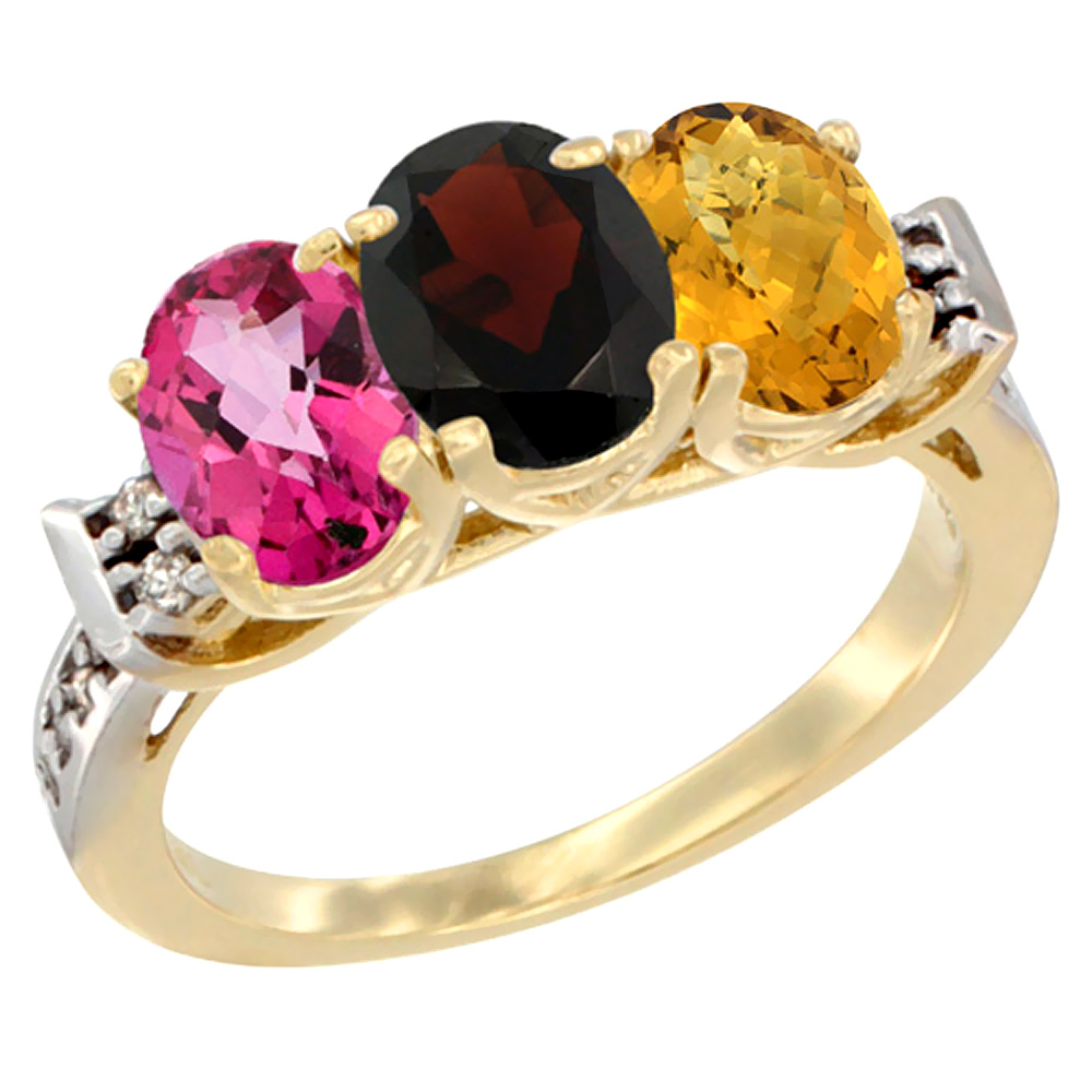 10K Yellow Gold Natural Pink Topaz, Garnet & Whisky Quartz Ring 3-Stone Oval 7x5 mm Diamond Accent, sizes 5 - 10