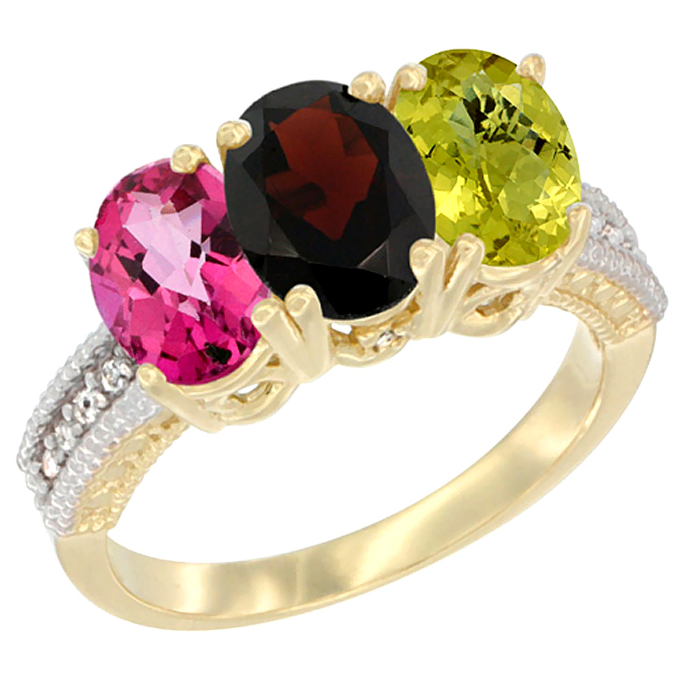 14K Yellow Gold Natural Pink Topaz, Garnet & Lemon Quartz Ring 3-Stone 7x5 mm Oval Diamond Accent, sizes 5 - 10