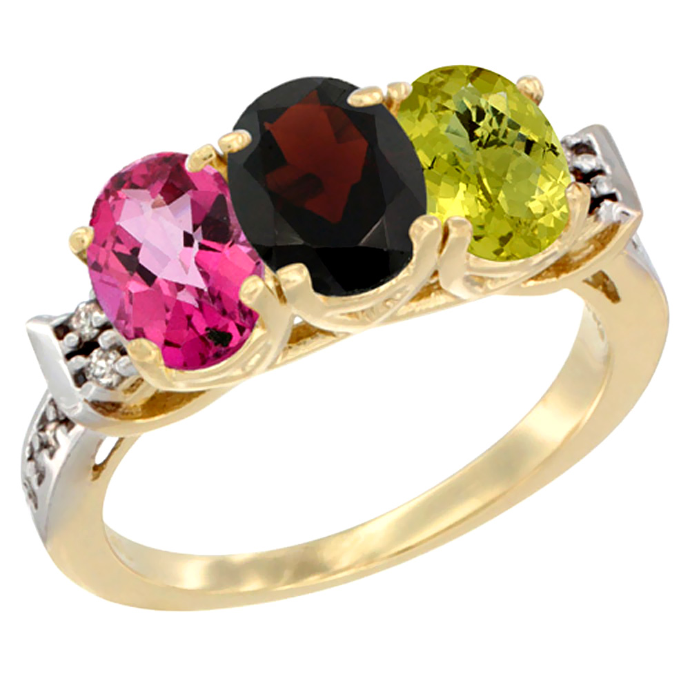 10K Yellow Gold Natural Pink Topaz, Garnet & Lemon Quartz Ring 3-Stone Oval 7x5 mm Diamond Accent, sizes 5 - 10