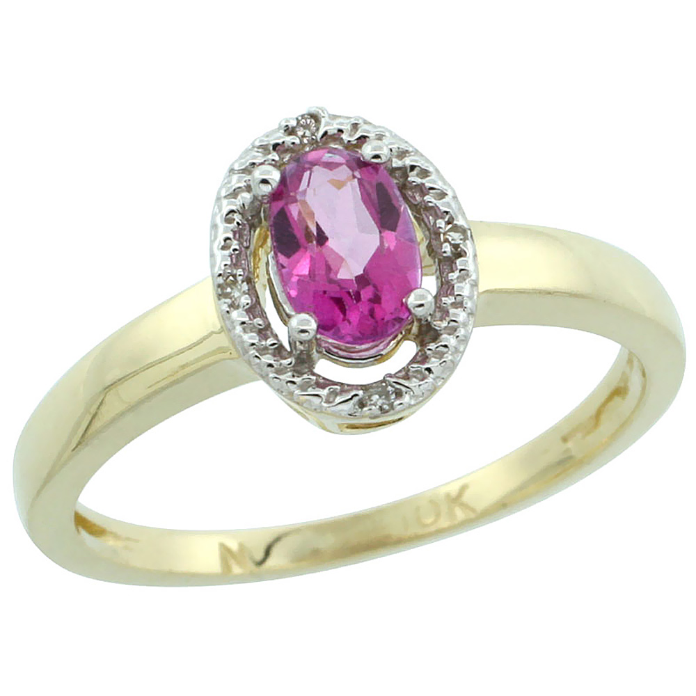 14K Yellow Gold Diamond Halo Natural Pink Topaz Engagement Ring Oval 6X4 mm, sizes 5-10