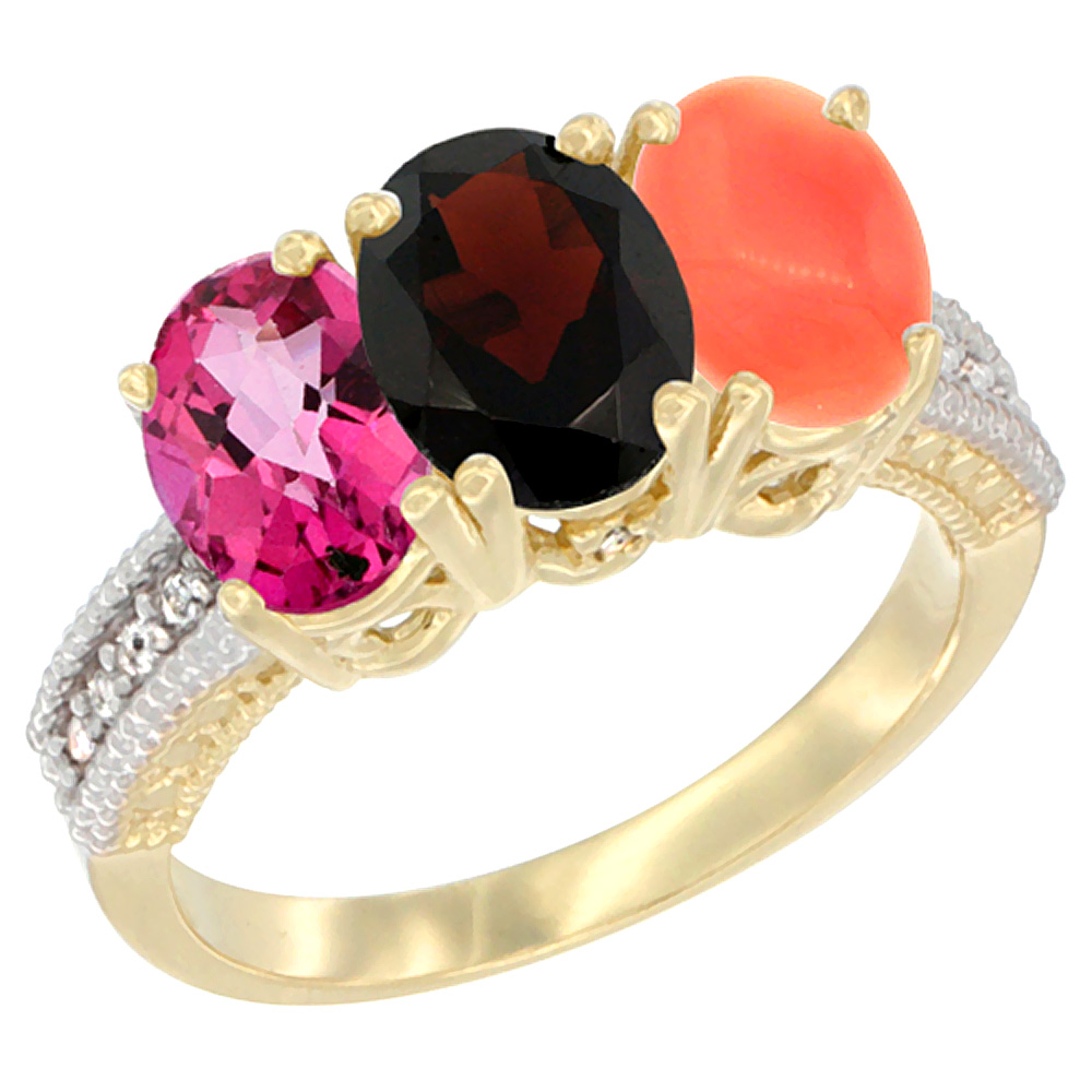 14K Yellow Gold Natural Pink Topaz, Garnet & Coral Ring 3-Stone 7x5 mm Oval Diamond Accent, sizes 5 - 10