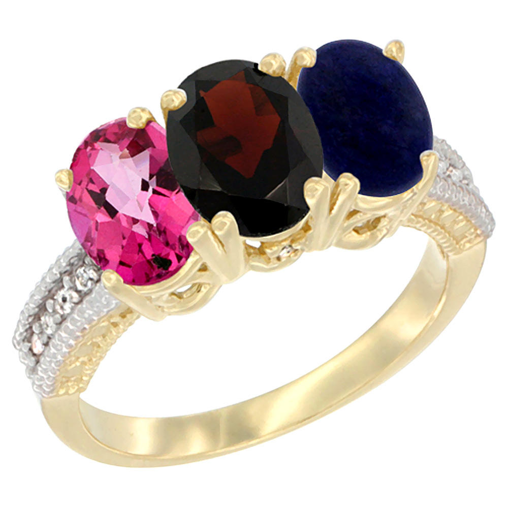 10K Yellow Gold Diamond Natural Pink Topaz, Garnet & Lapis Ring 3-Stone Oval 7x5 mm, sizes 5 - 10