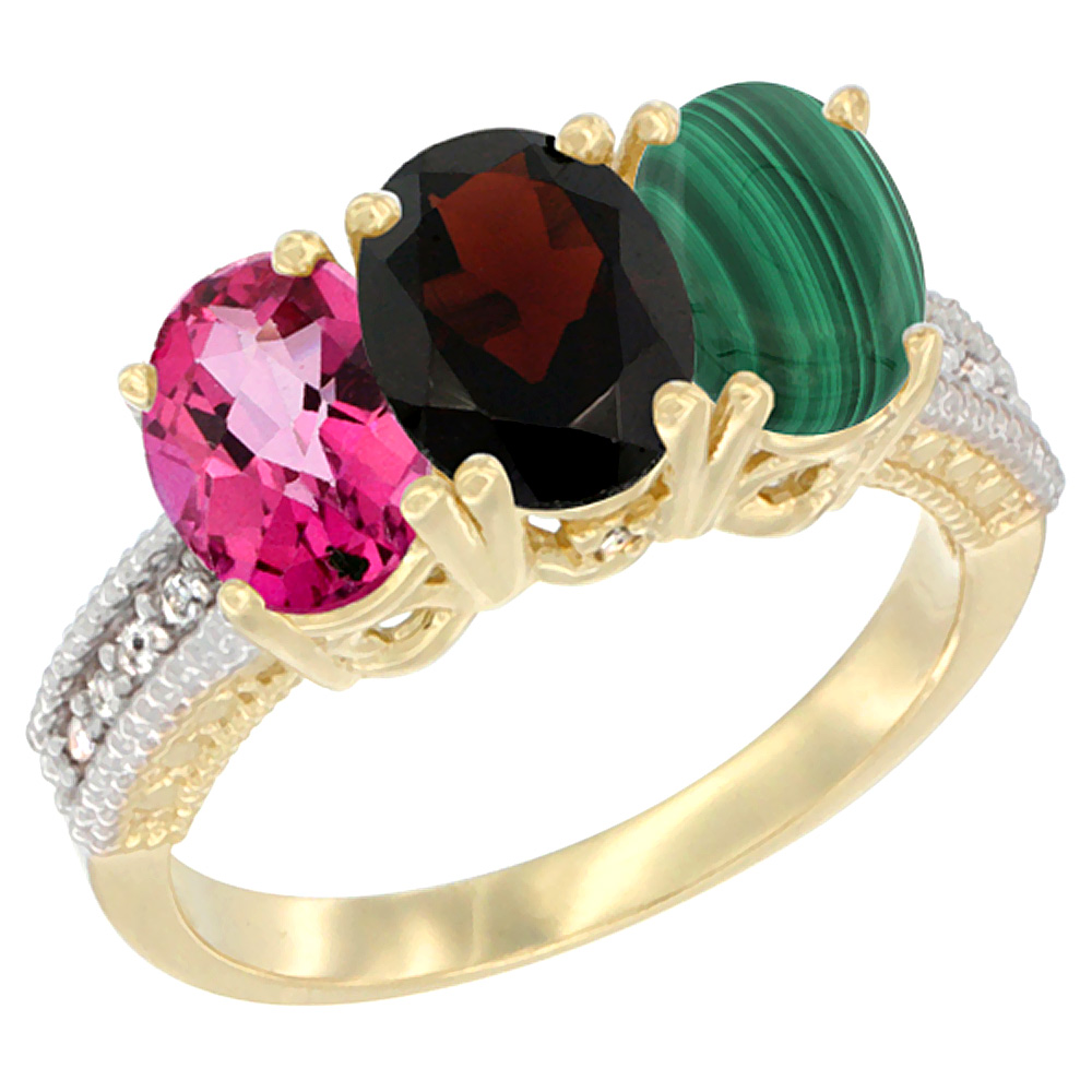 14K Yellow Gold Natural Pink Topaz, Garnet & Malachite Ring 3-Stone 7x5 mm Oval Diamond Accent, sizes 5 - 10