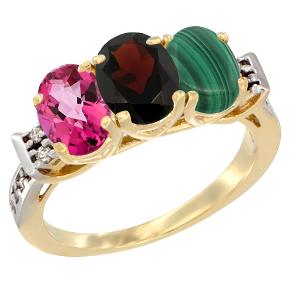 10K Yellow Gold Natural Pink Topaz, Garnet & Malachite Ring 3-Stone Oval 7x5 mm Diamond Accent, sizes 5 - 10