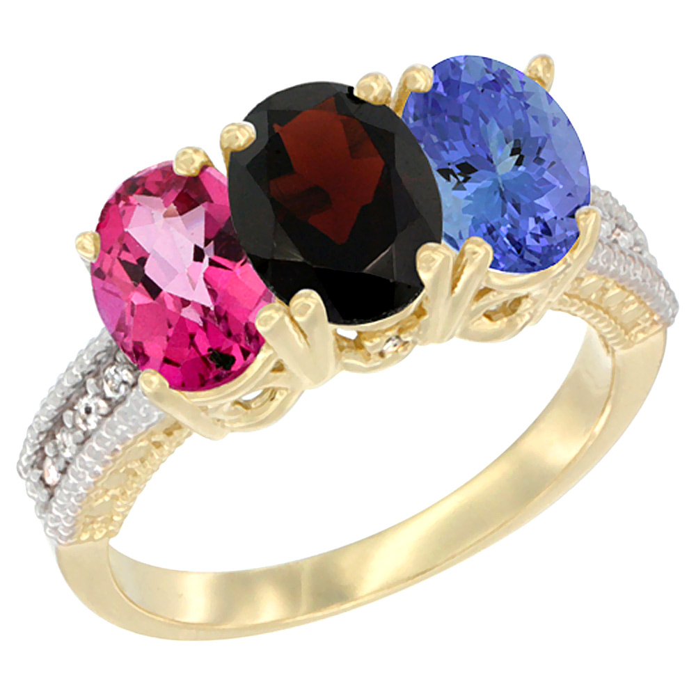 14K Yellow Gold Natural Pink Topaz, Garnet & Tanzanite Ring 3-Stone 7x5 mm Oval Diamond Accent, sizes 5 - 10