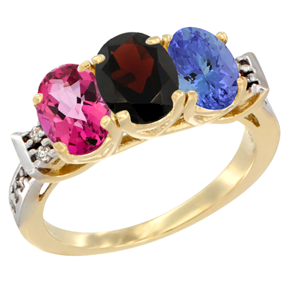 10K Yellow Gold Natural Pink Topaz, Garnet & Tanzanite Ring 3-Stone Oval 7x5 mm Diamond Accent, sizes 5 - 10