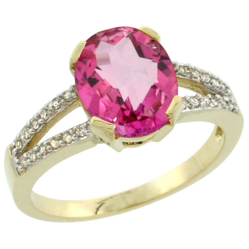 14K Yellow Gold Diamond Natural Pink Topaz Engagement Ring Oval 10x8mm, sizes 5-10