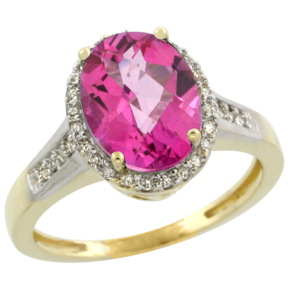 14K Yellow Gold Diamond Natural Pink Topaz Engagement Ring Oval 10x8mm, sizes 5-10