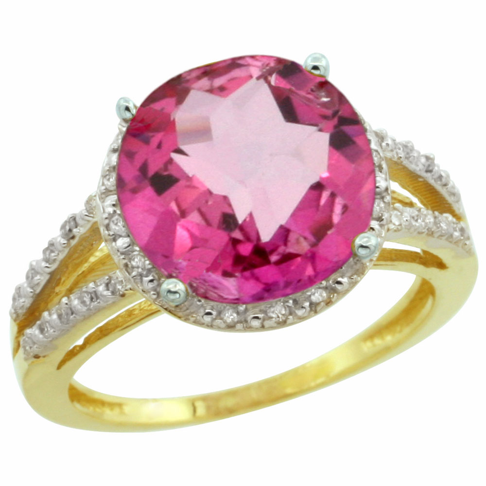 10K Yellow Gold Diamond Natural Pink Topaz Ring Round 11mm, sizes 5-10
