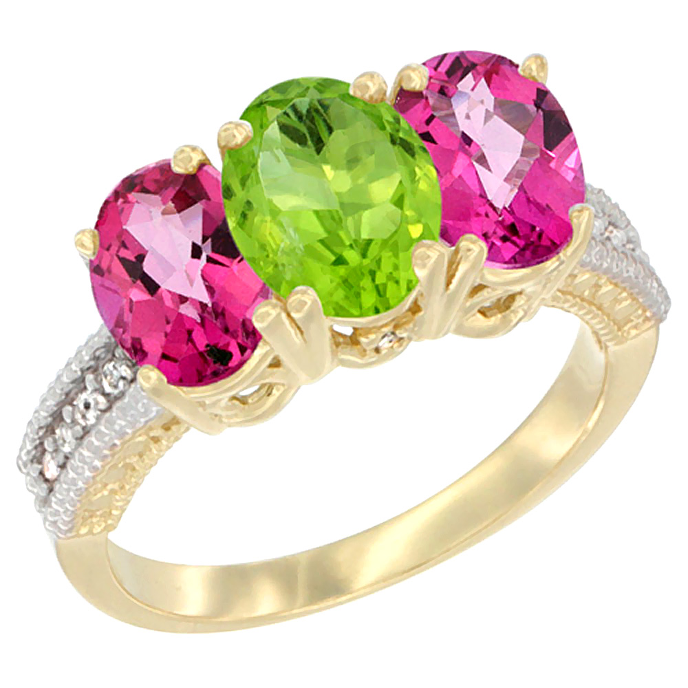 14K Yellow Gold Natural Peridot & Pink Topaz Sides Ring 3-Stone 7x5 mm Oval Diamond Accent, sizes 5 - 10