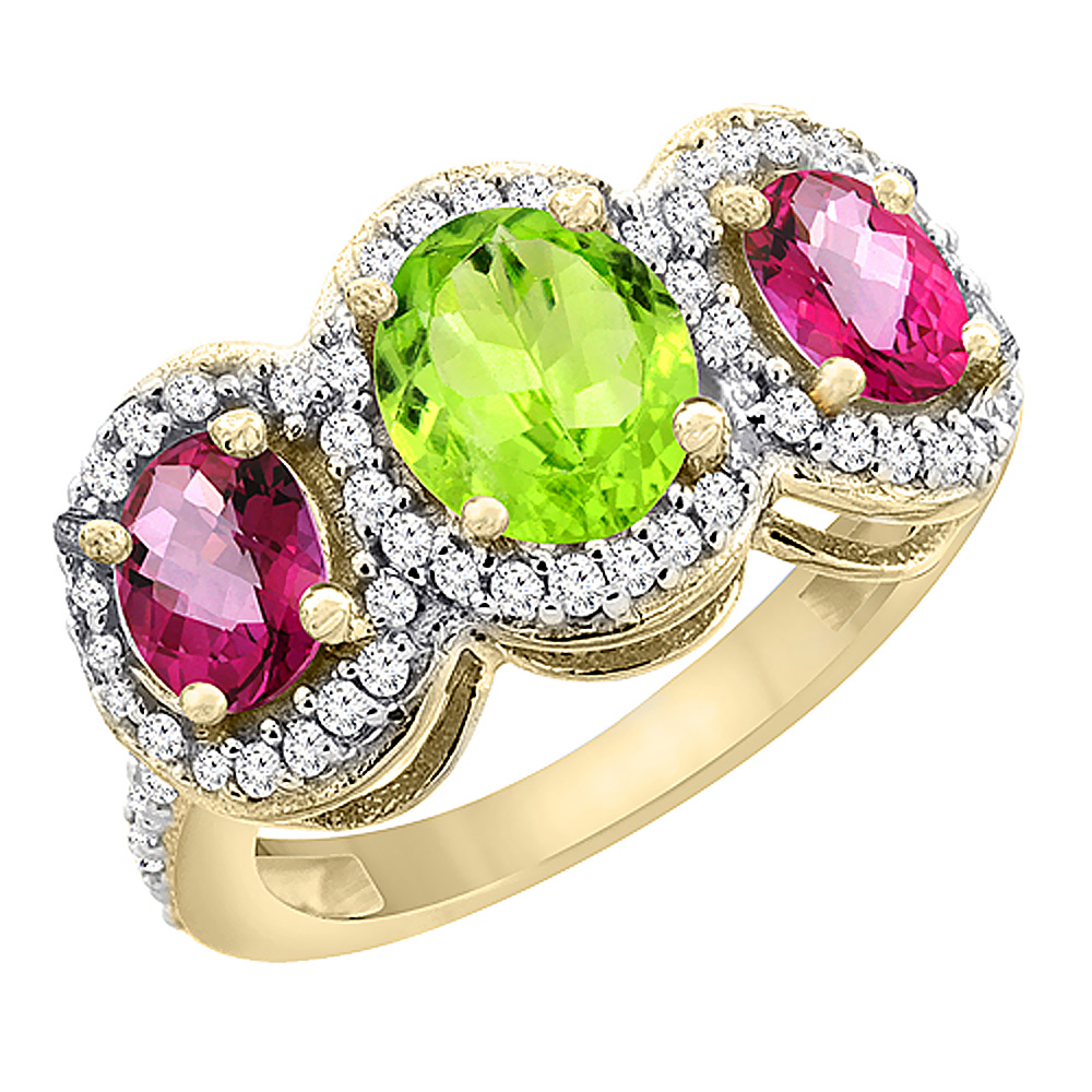 10K Yellow Gold Natural Peridot & Pink Topaz 3-Stone Ring Oval Diamond Accent, sizes 5 - 10