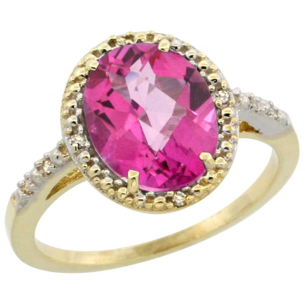 10K Yellow Gold Diamond Natural Pink Topaz Engagement Ring Oval 10x8mm, sizes 5-10