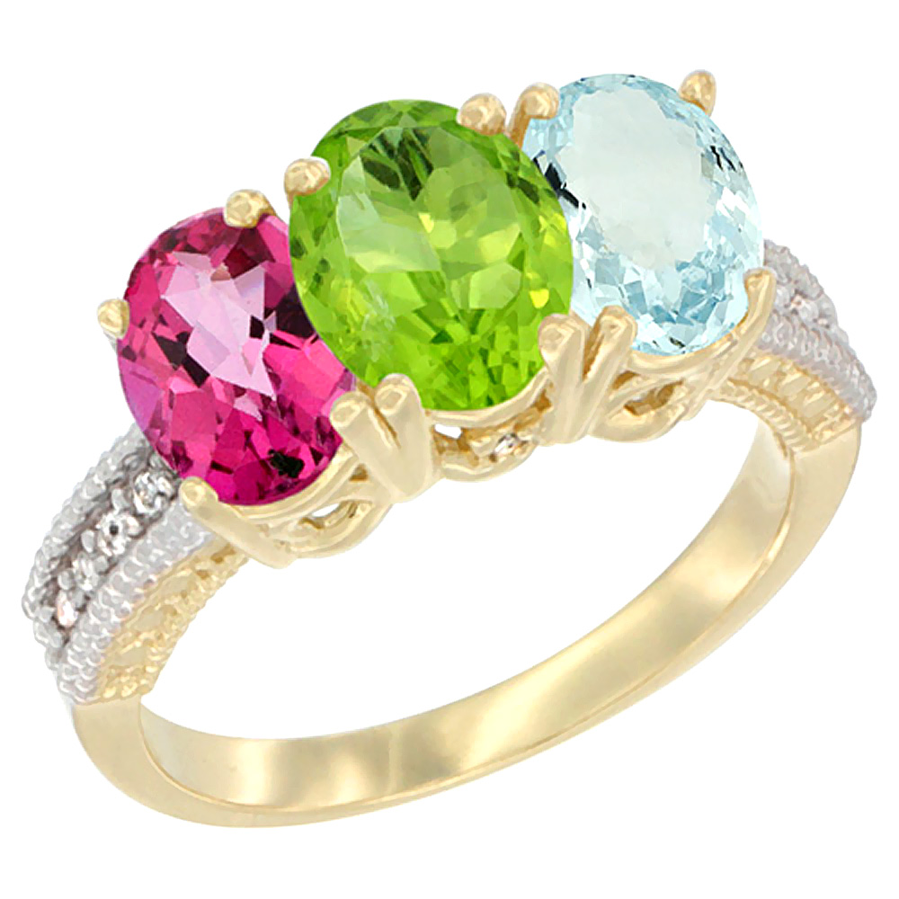 10K Yellow Gold Diamond Natural Pink Topaz, Peridot &amp; Aquamarine Ring 3-Stone Oval 7x5 mm, sizes 5 - 10