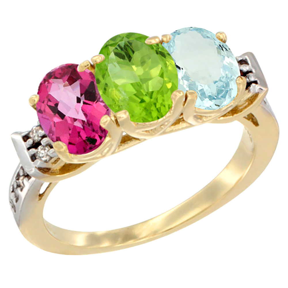 14K Yellow Gold Natural Pink Topaz, Peridot & Aquamarine Ring 3-Stone 7x5 mm Oval Diamond Accent, sizes 5 - 10