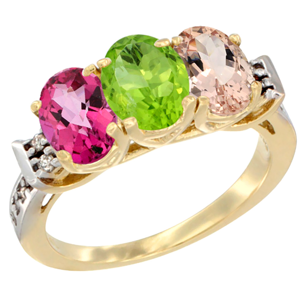 10K Yellow Gold Natural Pink Topaz, Peridot & Morganite Ring 3-Stone Oval 7x5 mm Diamond Accent, sizes 5 - 10