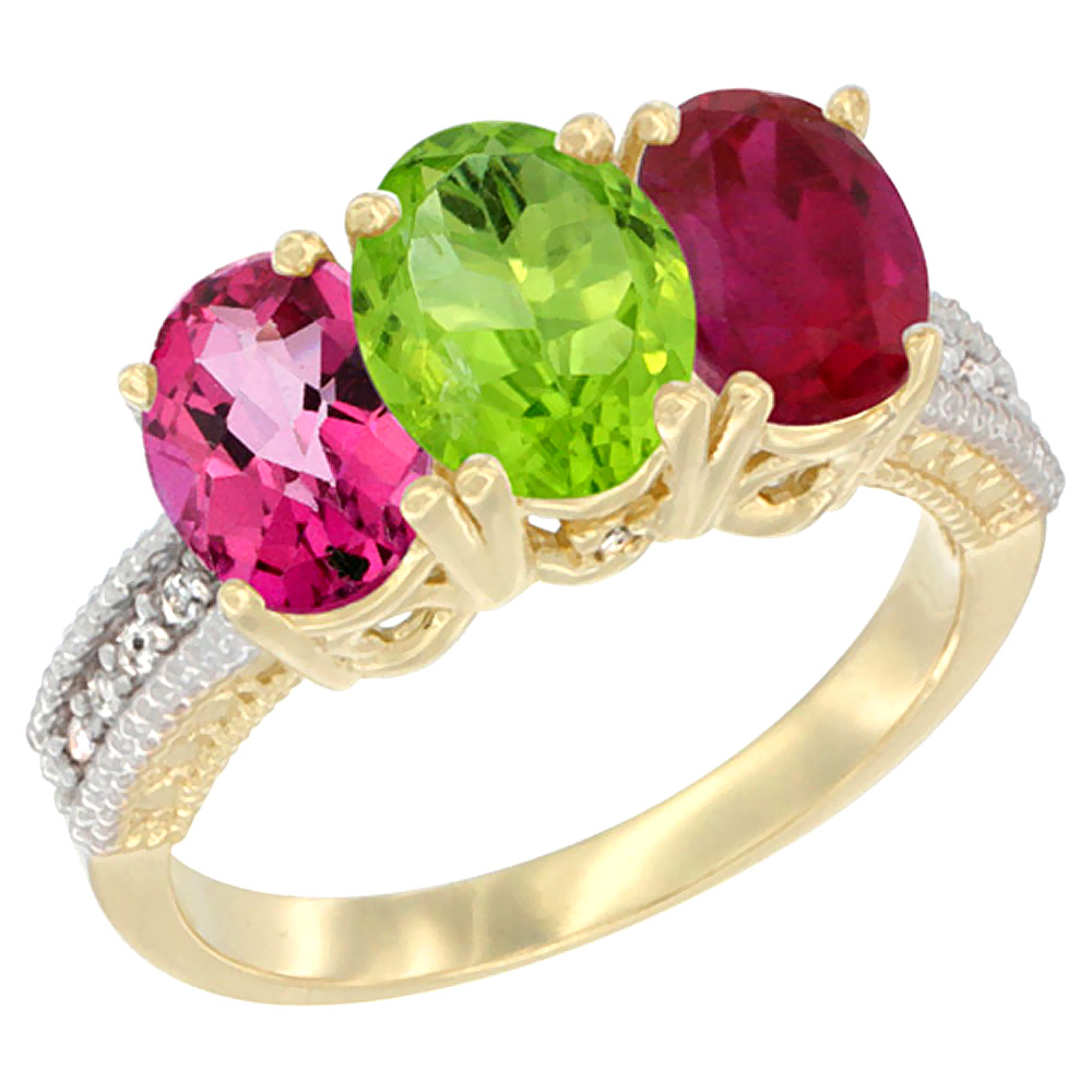 14K Yellow Gold Natural Pink Topaz, Peridot & Enhanced Ruby Ring 3-Stone 7x5 mm Oval Diamond Accent, sizes 5 - 10