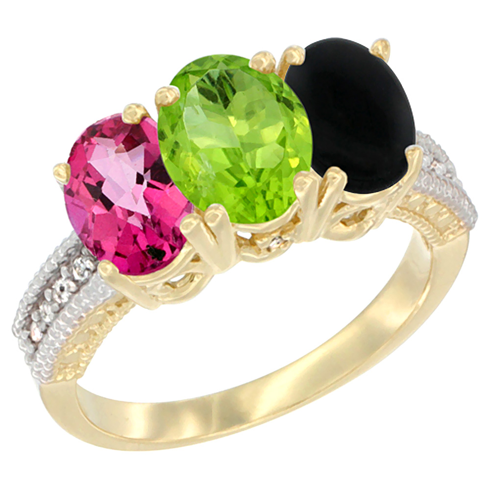 10K Yellow Gold Diamond Natural Pink Topaz, Peridot & Black Onyx Ring 3-Stone Oval 7x5 mm, sizes 5 - 10