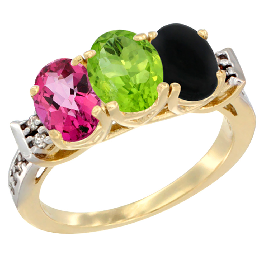 10K Yellow Gold Natural Pink Topaz, Peridot & Black Onyx Ring 3-Stone Oval 7x5 mm Diamond Accent, sizes 5 - 10