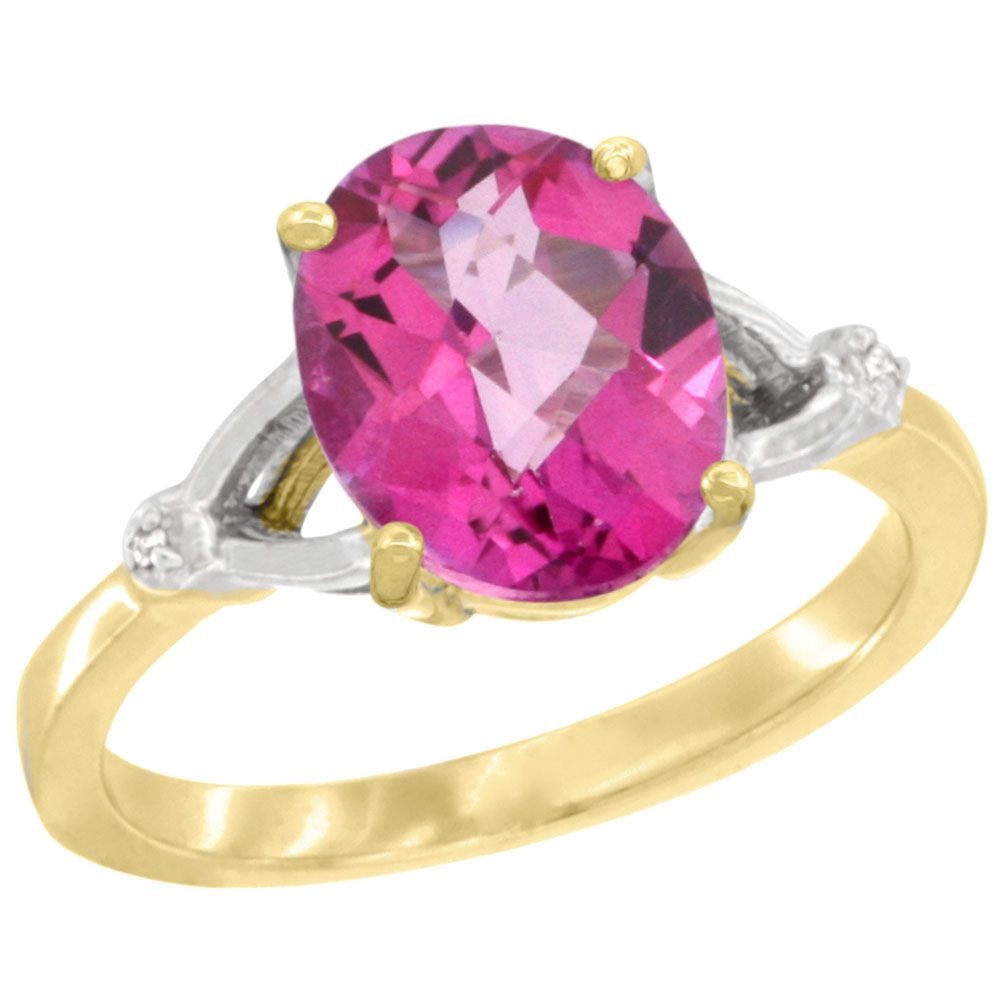 10K Yellow Gold Diamond Natural Pink Topaz Engagement Ring Oval 10x8mm, sizes 5-10