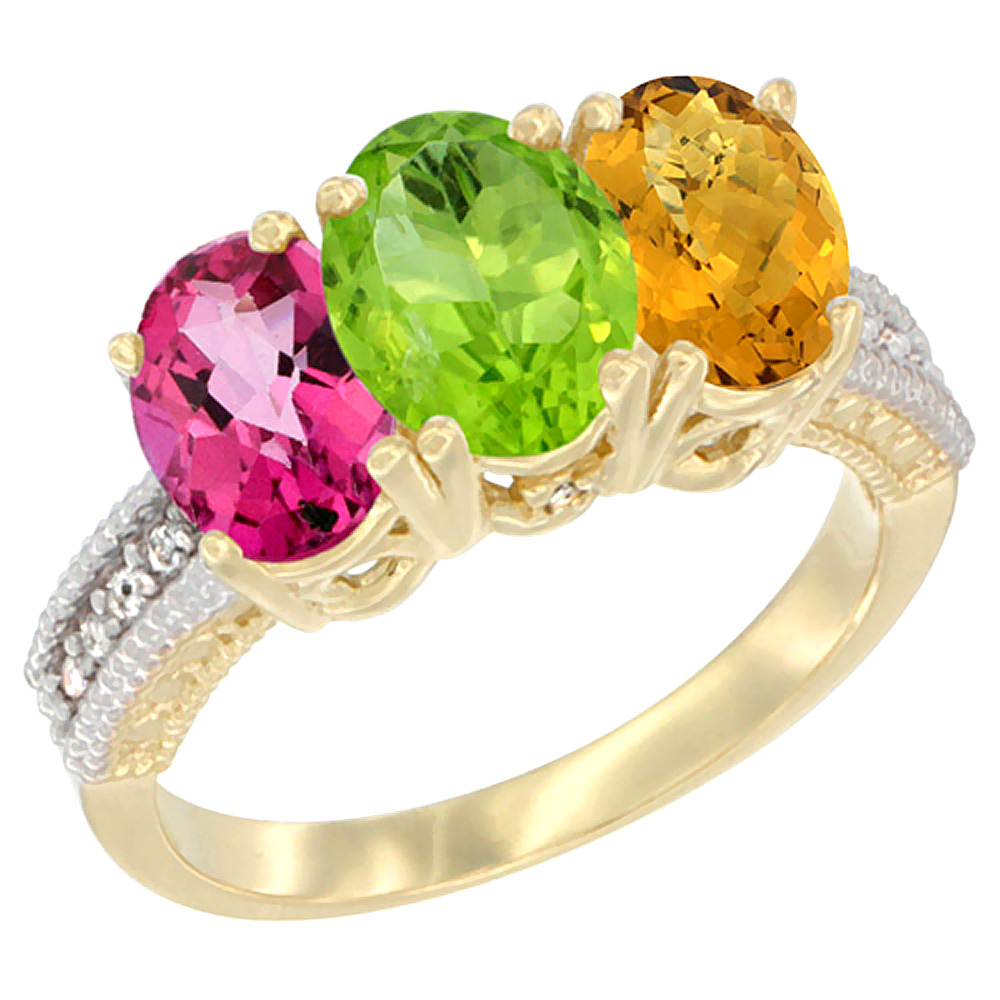 14K Yellow Gold Natural Pink Topaz, Peridot & Whisky Quartz Ring 3-Stone 7x5 mm Oval Diamond Accent, sizes 5 - 10