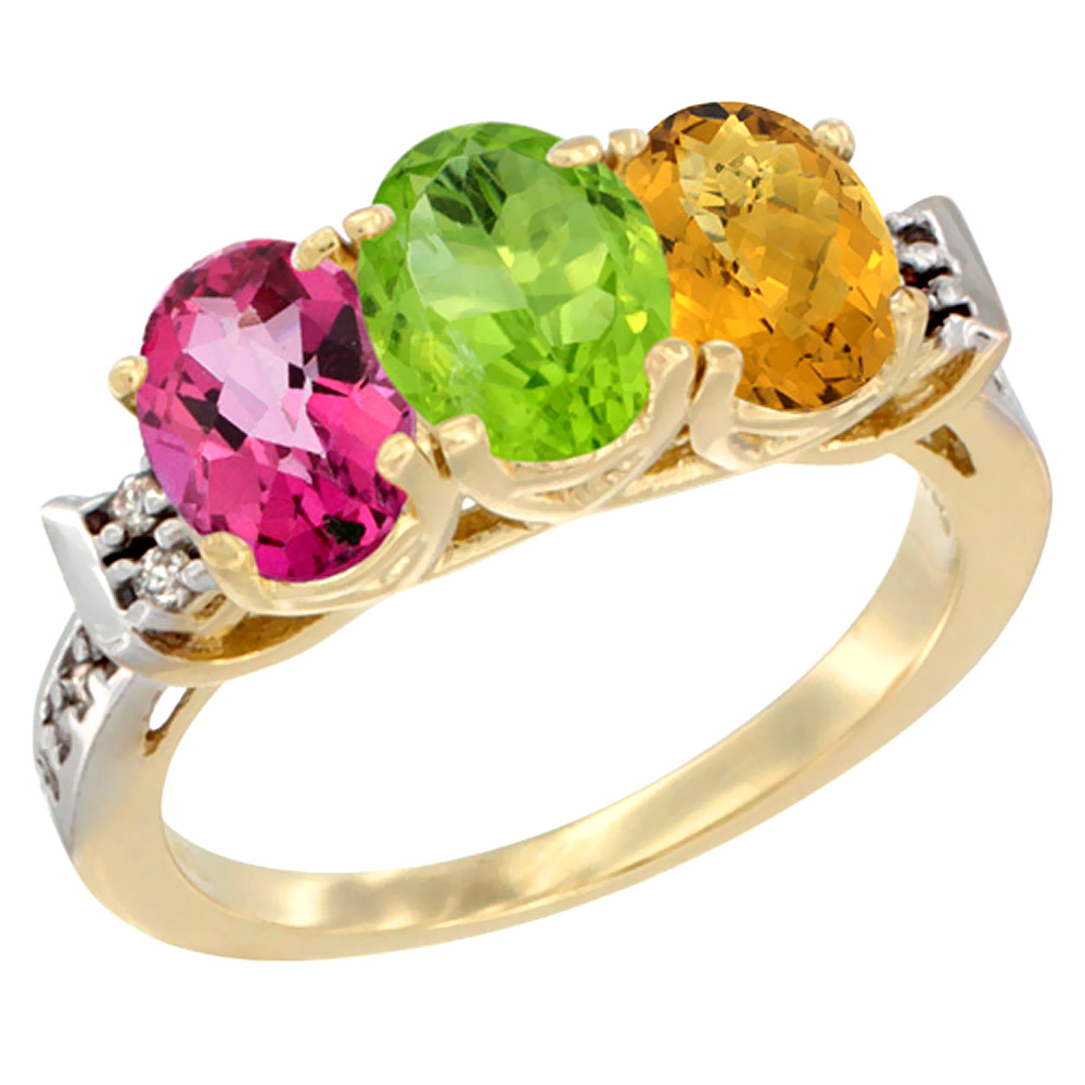 10K Yellow Gold Natural Pink Topaz, Peridot & Whisky Quartz Ring 3-Stone Oval 7x5 mm Diamond Accent, sizes 5 - 10