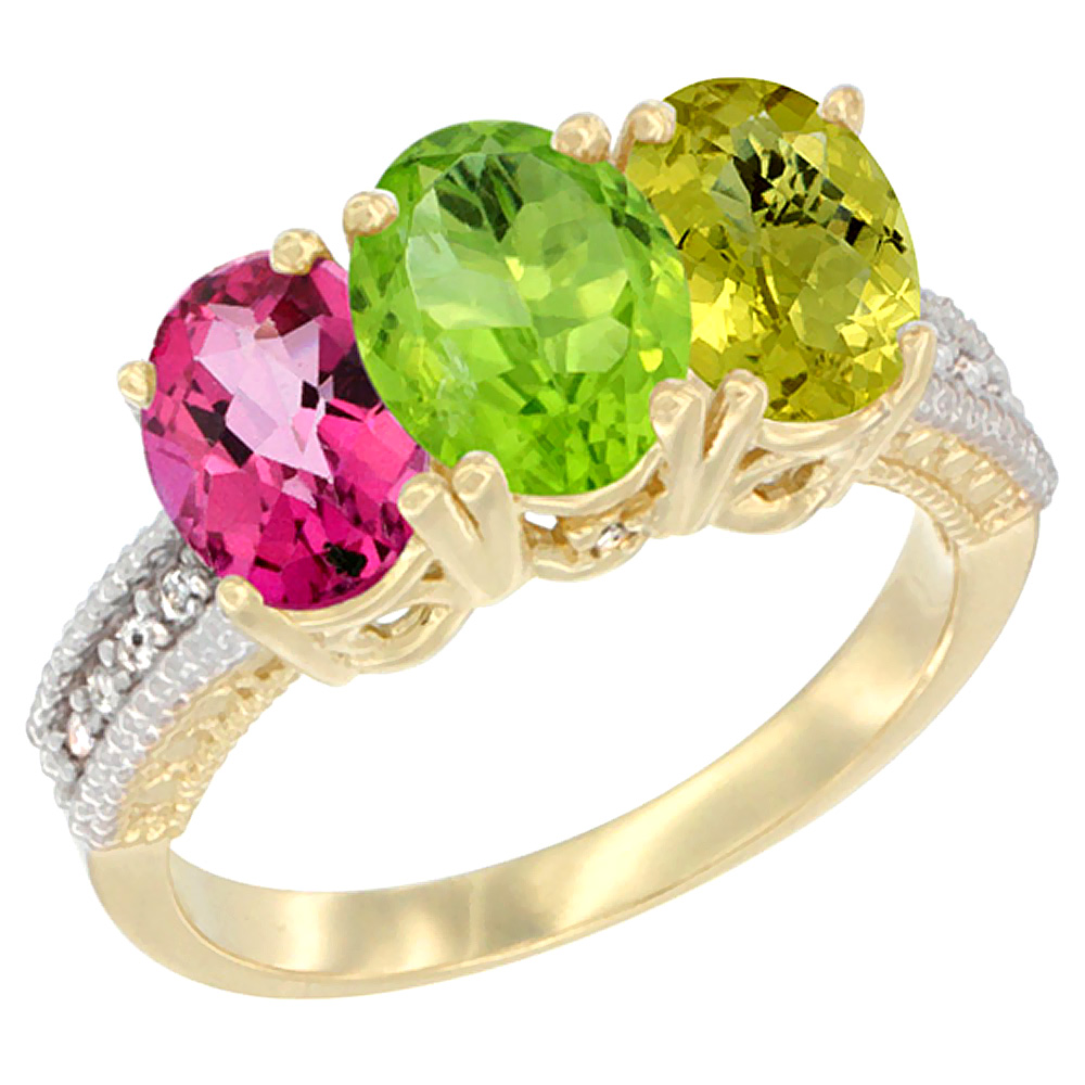 10K Yellow Gold Diamond Natural Pink Topaz, Peridot & Lemon Quartz Ring 3-Stone Oval 7x5 mm, sizes 5 - 10