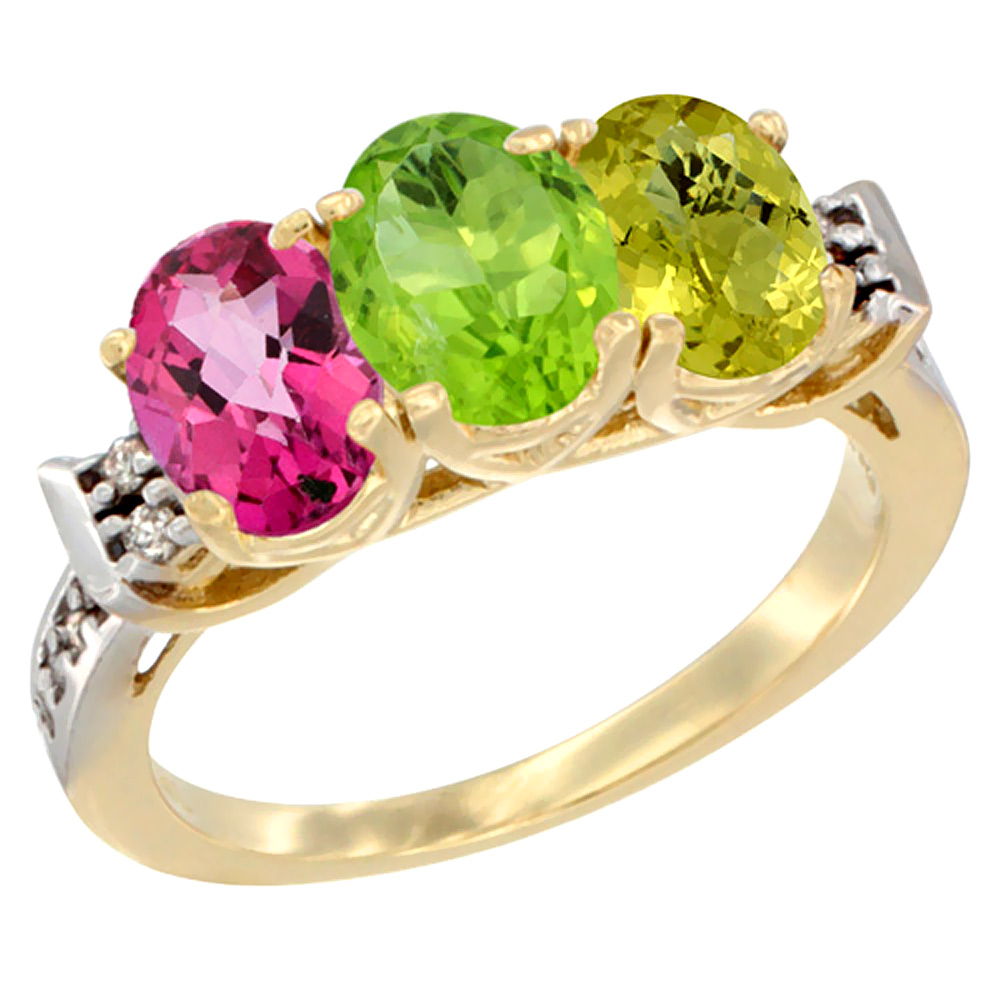 10K Yellow Gold Natural Pink Topaz, Peridot & Lemon Quartz Ring 3-Stone Oval 7x5 mm Diamond Accent, sizes 5 - 10