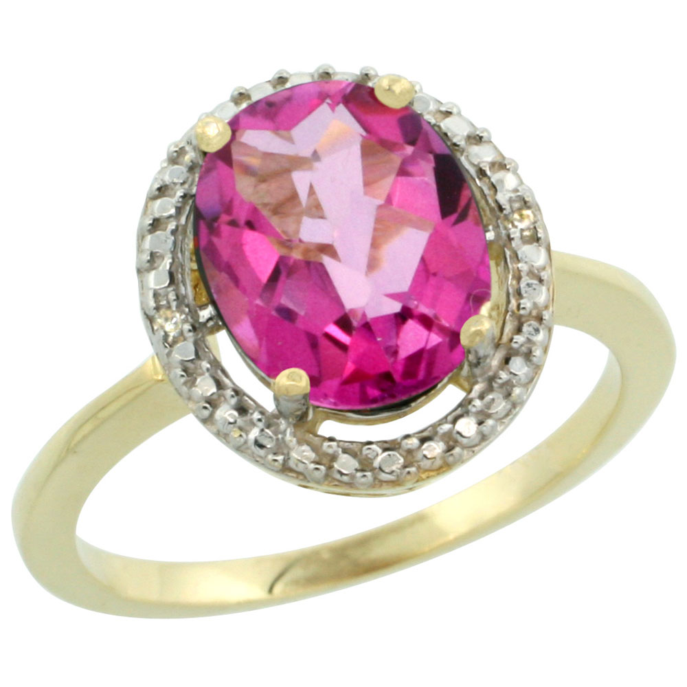 10K Yellow Gold Diamond Natural Pink Topaz Engagement Ring Oval 10x8mm, sizes 5-10