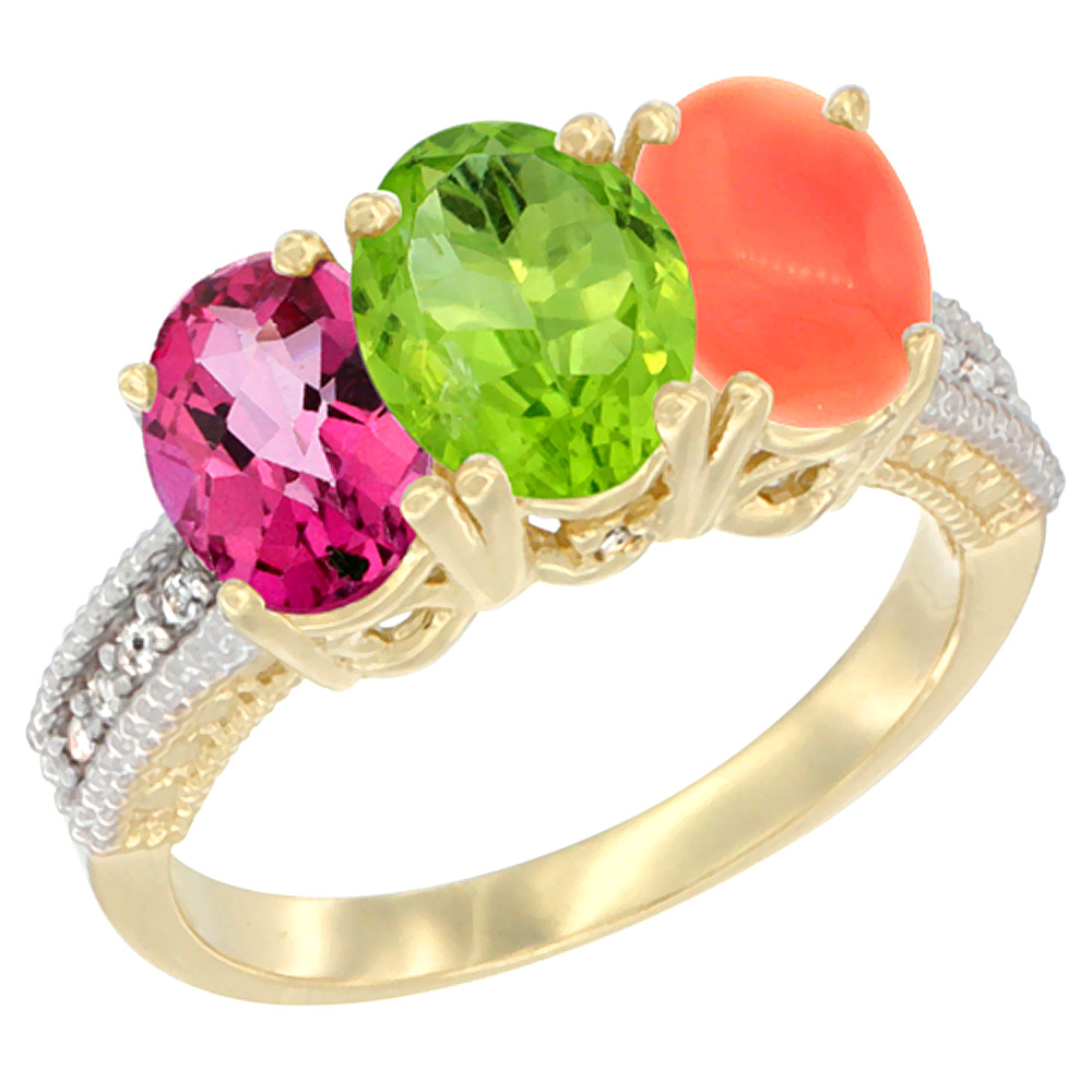 14K Yellow Gold Natural Pink Topaz, Peridot & Coral Ring 3-Stone 7x5 mm Oval Diamond Accent, sizes 5 - 10