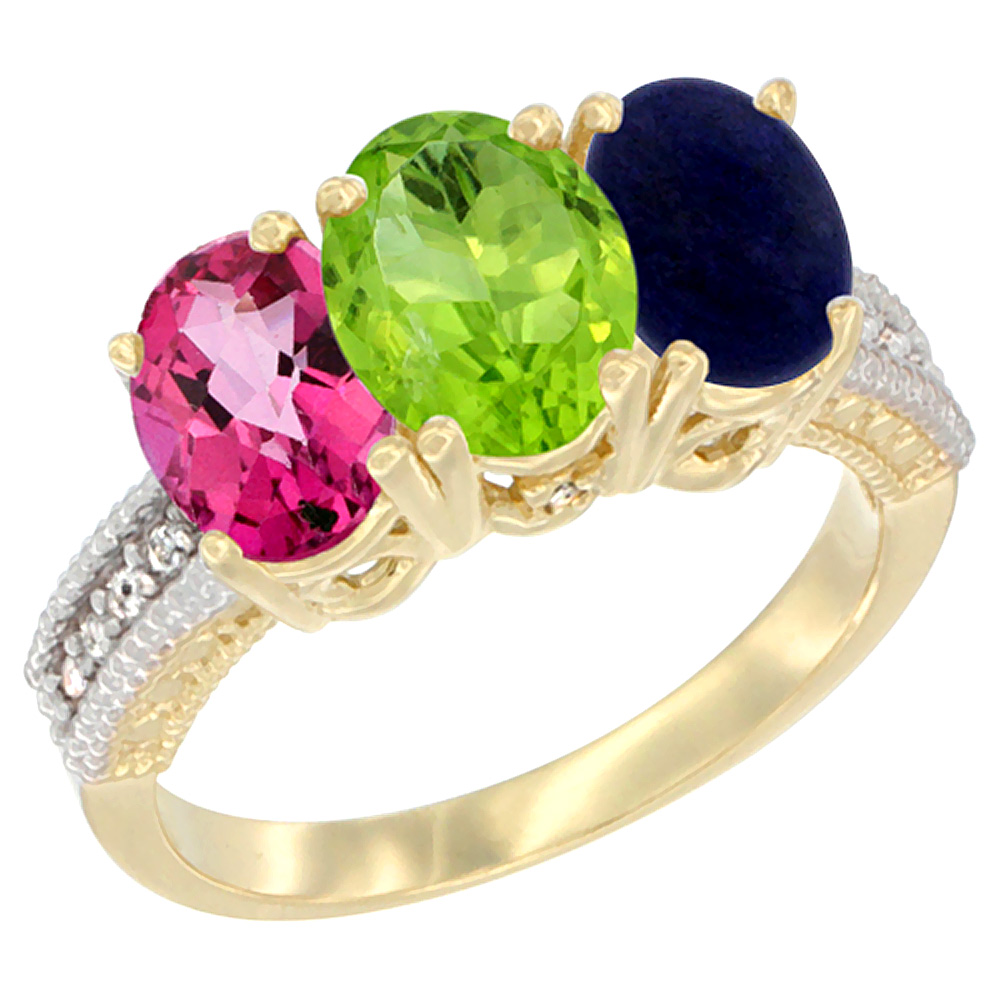 10K Yellow Gold Diamond Natural Pink Topaz, Peridot & Lapis Ring 3-Stone Oval 7x5 mm, sizes 5 - 10